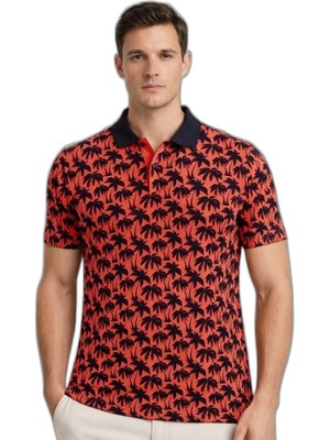 YM PAZARLAMA Erkek Pike Kumaş Polo Yaka Palmiye Desenli Tişört Kısa Kol Yazlık T-Shirt - Kırmızı
