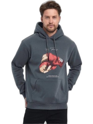 YM PAZARLAMA Erkek 3 Iplik Pamuklu Kapüşonlu Cepli Boks Eldiven Baskılı Hoodie Sweatshirt - Füme