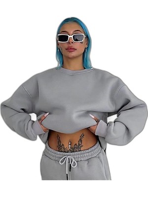 YM PAZARLAMA Kadın Bisiklet Yaka 3 Iplik Pamuklu Basic Sweatshirt - Gri