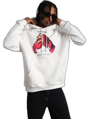 YM PAZARLAMA Erkek Kapüşonlu Cepli Boks Eldiven Baskılı 3 Iplik Sweatshirt Hoodie - Beyaz