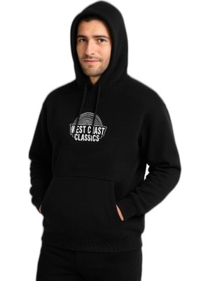 YM PAZARLAMA Erkek Kapüşonlu Kanguru Cepli Sweatshirt 3 Iplik Pamuklu Baskılı Hoodie -  Siyah