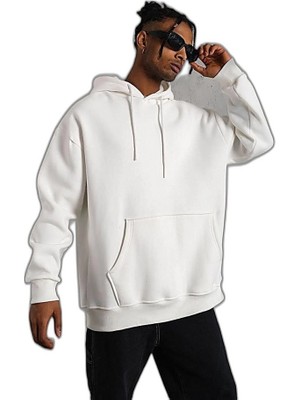 YM PAZARLAMA Erkek 3 Iplik Pamuklu Kapüşonlu Kanguru Cepli Sweatshirt Hoodie - Beyaz