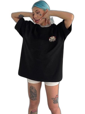 YM PAZARLAMA Kadın Baskılı T-Shirt Kısa Kol Bisiklet Yaka Oversize Rahat Kalıp Günlük Tişört   - Siyah