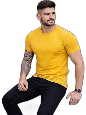 YM PAZARLAMA Erkek Body Tişört Bisiklet Yaka Slim Fit Likralı T-Shirt - Sarı