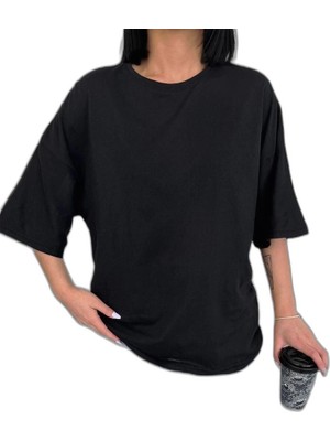 YM PAZARLAMA Kadın Düz T-Shirt Kısa Kol Bisiklet Yaka Oversize Tişört - Siyah