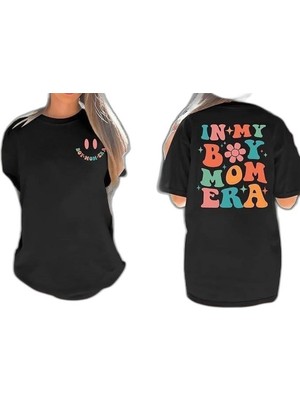 YM PAZARLAMA Kadın Baskılı T-Shirt Kısa Kol Bisiklet Yaka Oversize Rahat Kalıp Tişört - Siyah