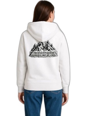 YM PAZARLAMA Kadın 3 Iplik Pamuklu Kapüşonlu Hoodie Sweatshirt Nihilist Penguen Baskılı - Beyaz