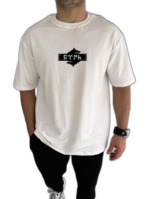 YM PAZARLAMA Erkek Kısa Kol Yazlık Tişört Bisiklet Yaka Baskılı Oversize T-Shirt - Beyaz