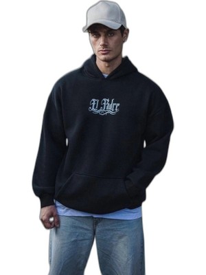 YM PAZARLAMA Erkek 3 Iplik Pamuklu Kapüşonlu Baskılı Cepli Oversize Sweatshirt Hoodie - Siyah