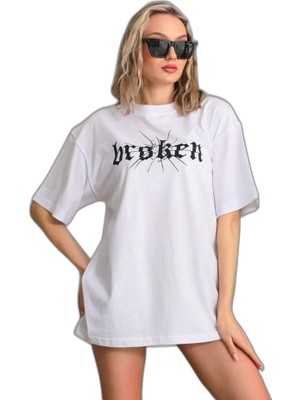 YM PAZARLAMA Kadın Kısa Kol Yazlık Tişört Bisiklet Yaka Baskılı Oversize T-Shirt - Beyaz