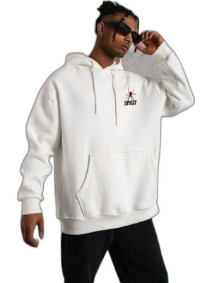 YM PAZARLAMA Erkek 3 Iplik Pamuklu Kapüşonlu Baskılı Cepli Oversize Sweatshirt Hoodie - Beyaz