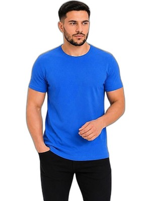 YM PAZARLAMA Erkek Basic Tişört Bisiklet Yaka Kısa Kol Günlük Yazlık Slim Fit T-Shirt - Saks Mavisi