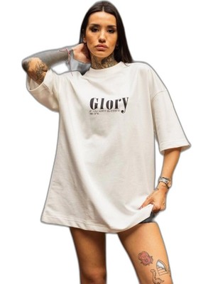 YM PAZARLAMA Kadın Bisiklet Yaka Baskılı Oversize  Kısa Kol T-Shirt - Beyaz