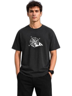 YM PAZARLAMA Erkek Outdoor Pusula Dağ Baskılı Kısa Kollu Oversize T-Shirt - Siyah