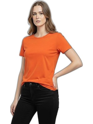 YM PAZARLAMA Kadın T-Shirt Bisiklet Yaka Slim Fit Likralı Tişört Yazlık Basic Body - Turuncu