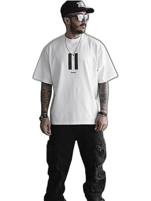YM PAZARLAMA Erkek Kısa Kol Yazlık Tişört Bisiklet Yaka Baskılı Oversize T-Shirt - Beyaz