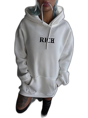YM PAZARLAMA Kadın Kapüşonlu Kanguru Cepli Sweatshirt 3 Iplik Pamuklu Baskılı Hoodie - Beyaz