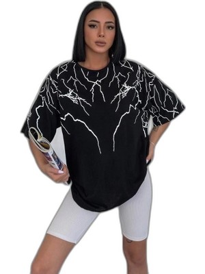 YM PAZARLAMA Kadın Yıldırım Şimşek Baskılı T-Shirt Kısa Kol Bisiklet Yaka Oversize Tişört - Siyah
