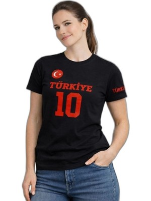 YM PAZARLAMA Kadın Türkiye Ay Yıldız Baskılı 10 Numara Forma Tişört Taraftar T-Shirt - Siyah