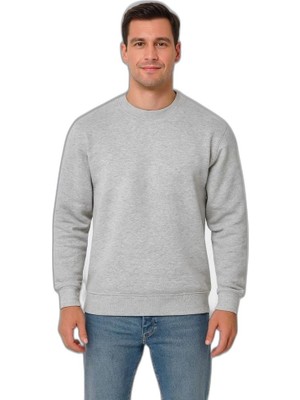 YM PAZARLAMA Erkek 3 Iplik Pamuklu Düz Bisiklet Yaka Sweatshirt - Gri