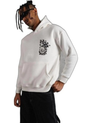 YM PAZARLAMA Erkek 3 Iplik Pamuklu Kapüşonlu Baskılı Cepli Oversize Sweatshirt Hoodie - Beyaz