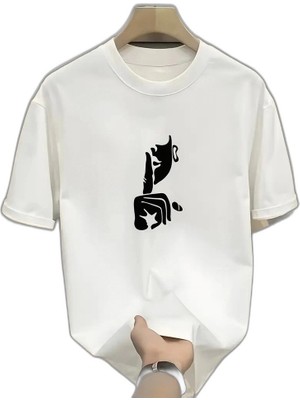YM PAZARLAMA Kadın T-Shirt Bisiklet Yaka Kısa Kol Baskılı Tişört - Beyaz