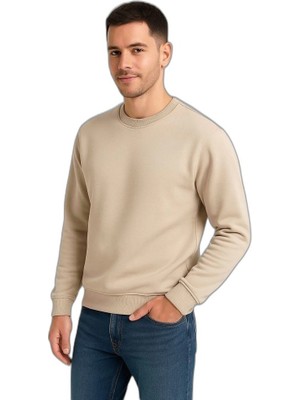 YM PAZARLAMA Erkek 3 Iplik Pamuklu Düz Bisiklet Yaka Sweatshirt - Bej