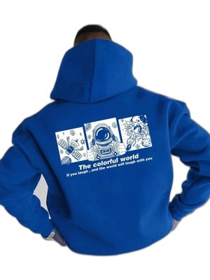 YM PAZARLAMA Erkek Baskılı Kapüşonlu Cepli Hoodie 3 Iplik Pamuklu Sweatshirt - Saks Mavisi