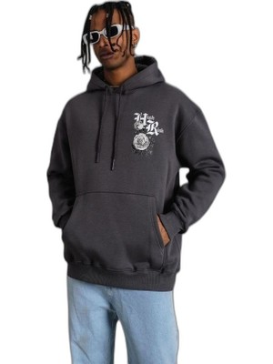 YM PAZARLAMA Erkek 3 Iplik Pamuklu Kapüşonlu Baskılı Cepli Oversize Sweatshirt Hoodie - Füme