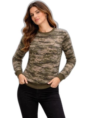 YM PAZARLAMA Kadın Kamuflaj Desenli 2 Iplik 4 Mevsim Uzun Kollu Bisiklet Yaka Sweatshirt - Kamuflaj