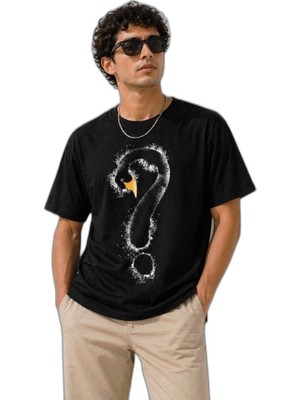 YM PAZARLAMA Erkek Kuğu Figürlü Soru Işareti Baskılı Tişört Kısa Kol T-Shirt - Siyah