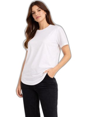 YM PAZARLAMA Kadın Basic T-Shirt Kısa Kol Bisiklet Yaka Oval Kesim Tişört - Beyaz
