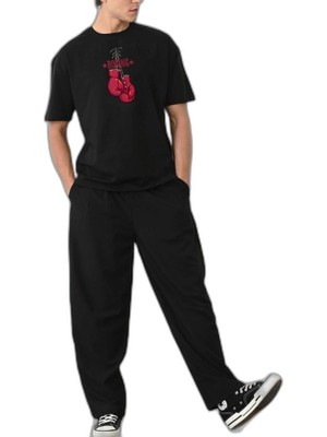 YM PAZARLAMA Erkek Boks Eldiven Baskılı T-Shirt Kısa Kol Bisiklet Yaka Regular Tişört - Siyah