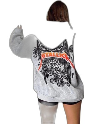 YM PAZARLAMA Kadın 2 Iplik Metallıca Baskılı Kapüşonlu Sweatshirt Hoodie - Gri