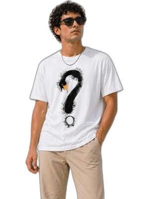 YM PAZARLAMA Erkek Kuğu Figürlü Soru Işareti Baskılı Tişört Kısa Kol T-Shirt - Beyaz