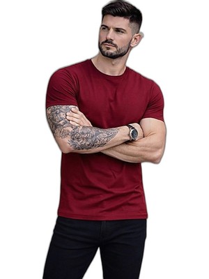 YM PAZARLAMA Erkek Body Tişört Bisiklet Yaka Slim Fit Likralı T-Shirt - Bordo