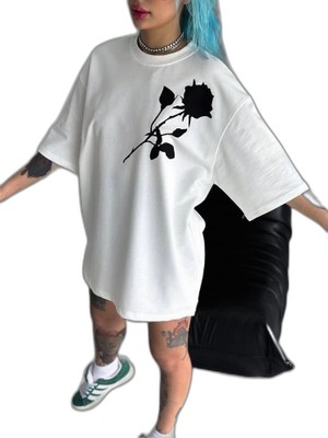 YM PAZARLAMA Kadın Bisiklet Yaka Baskılı Oversize  Kısa Kol T-Shirt - Beyaz