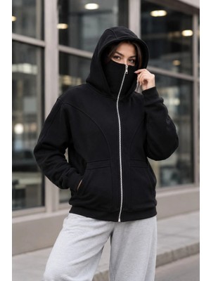 Tarz Yeri Kadın Maskeli Ninja Model Çift Kapüşonlu 3 Iplik Şardonlu Fermuarlı Oversize Sweatshirt - Siyah