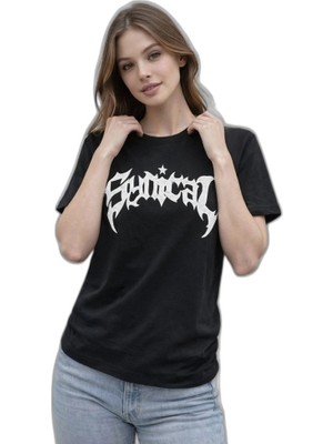 YM PAZARLAMA Kadın Kısa Kol Yazlık Tişört Bisiklet Yaka Baskılı Oversize T-Shirt - Siyah