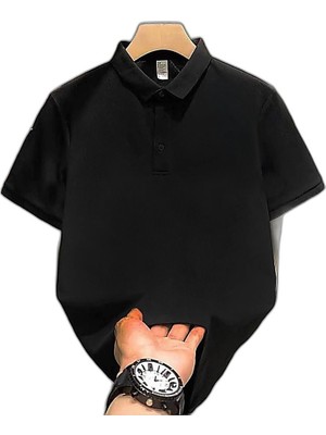 YM PAZARLAMA Erkek Polo Yaka Tişört Düğmeli Pike Düz T-Shirt - Siyah