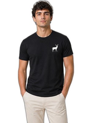 YM PAZARLAMA Erkek Minimal Geyik Logolu Tişört Bisiklet Yaka Kısa Kol Yazlık T-Shirt - Siyah