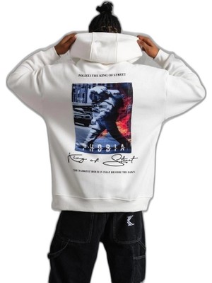 YM PAZARLAMA Erkek 3 Iplik Pamuklu Kapüşonlu Baskılı Cepli Oversize Sweatshirt Hoodie - Beyaz