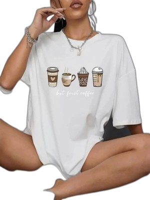YM PAZARLAMA Kadın Kahve Desen Baskılı Tişört Kısa Kol Bisiklet Yaka Oversize T-Shirt - Beyaz