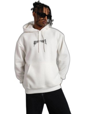 YM PAZARLAMA Erkek 3 Iplik Pamuklu Baskılı Kapüşonlu Cepli Sweatshirt Hoodie - Beyaz