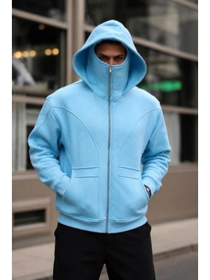 YM PAZARLAMA Erkek Maskeli Ninja Model Çift Kapüşonlu 3 Iplik Şardonlu Fermuarlı Sweatshirt - Bebek Mavisi
