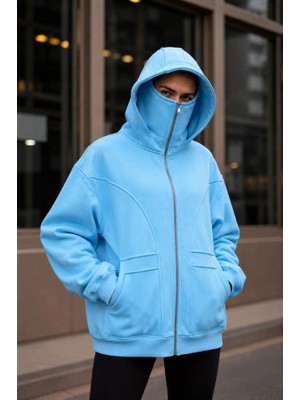 YM PAZARLAMA Kadın Maskeli Ninja Model Çift Kapüşonlu 3 Iplik Şardonlu Fermuarlı Oversize Sweatshirt - Bebek Mavisi