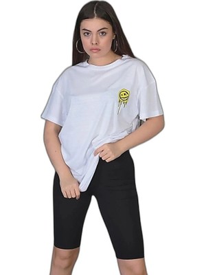 YM PAZARLAMA Kadın Bisiklet Yaka Baskılı Kısa Kol Oversize T-Shirt - Beyaz