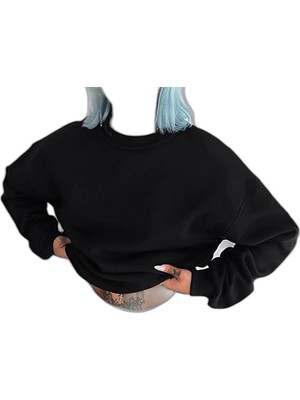 YM PAZARLAMA Kadın Bisiklet Yaka 3 Iplik Pamuklu Basic Sweatshirt - Siyah