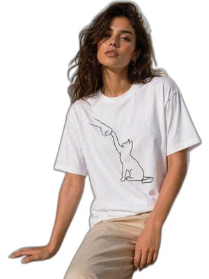 YM PAZARLAMA Kadın Minimal Kedi Çizim Baskılı Tişört Kısa Kol Yazlık T-Shirt - Beyaz