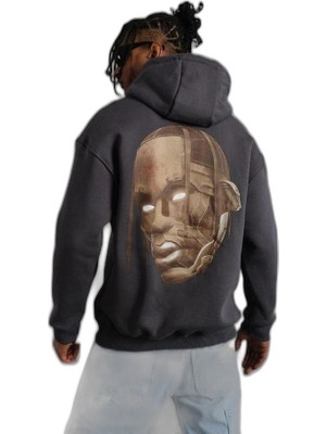 YM PAZARLAMA Erkek Kordonlu Arka Maske Kordon Saçlı 3 Iplik Pamuklu Kapüşonlu Sweatshirt - Füme